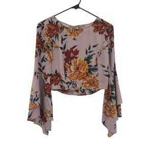 Boho Floral Bell Sleeve Crop Top M Mauve Back Zip Soft Romantic Y2K Fairy Grunge